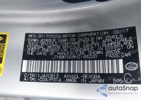2017 Lexus Es 300H z USA, uszkodzony, nr VIN JTHBW1GG8H2148220